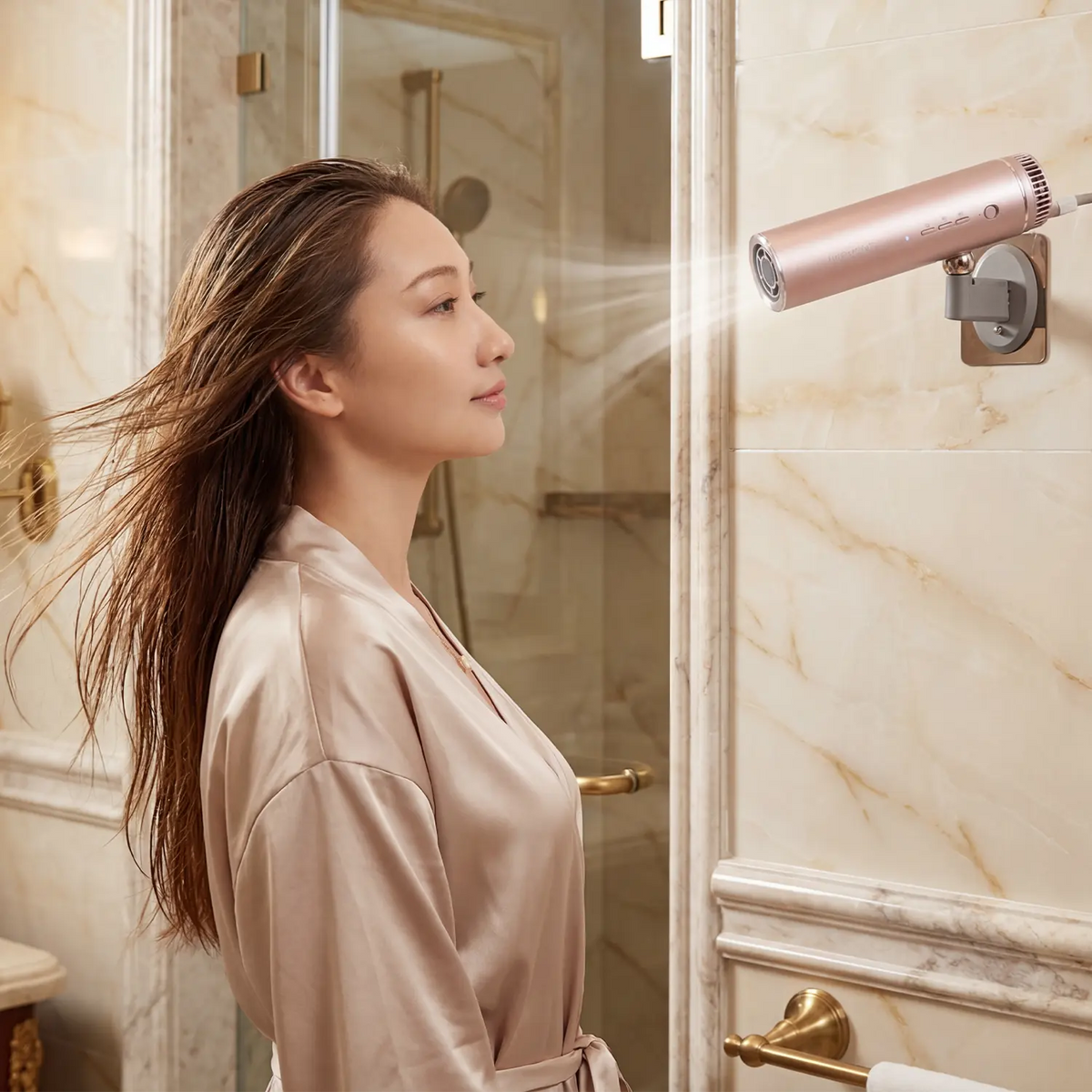 Drying hair hands-free in a bathroom with the HandsFreeDryer on its stand