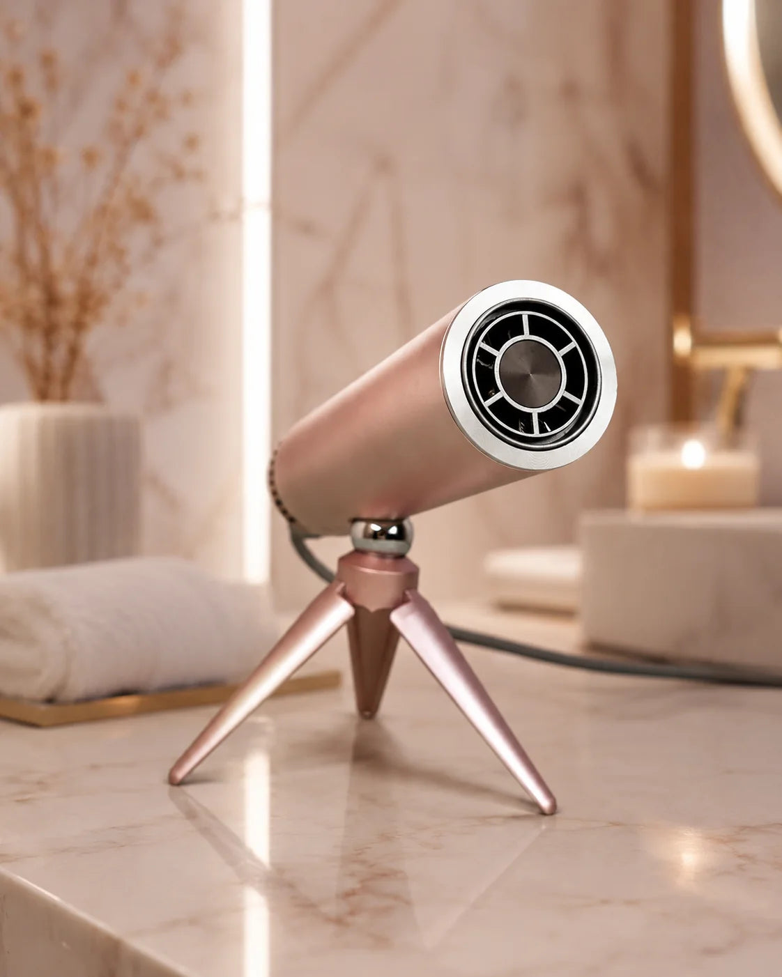 LUNAR hands-free hair dryer on tripod in marble bathroom, Sunset Rose close-up — LeLunar