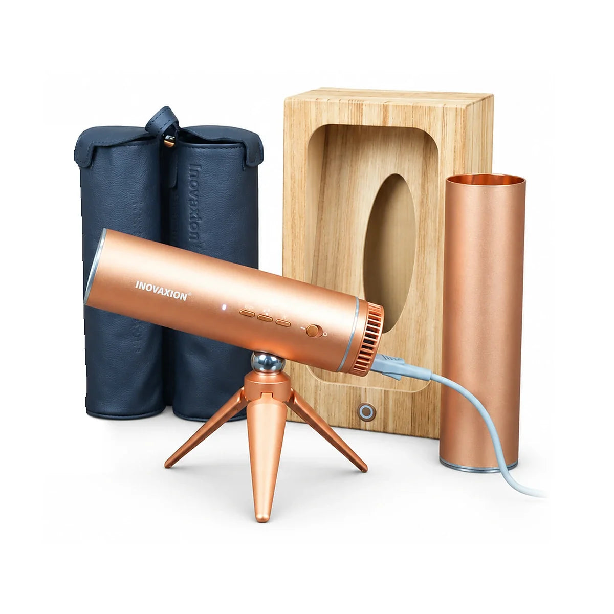 HandsFreeDryer kit in Amber Gold — hands-free hair dryer on its folding tripod with travel capsule, wall mount and gift box